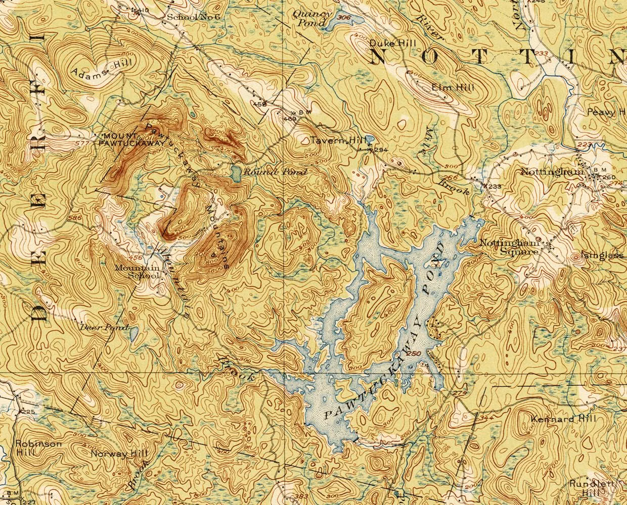 1917 USGS topographic map showing Mount Pawtuckaway, the Pawtuckaway Mountains and Pawtuckaway Pond in Nottingham and Deerfield