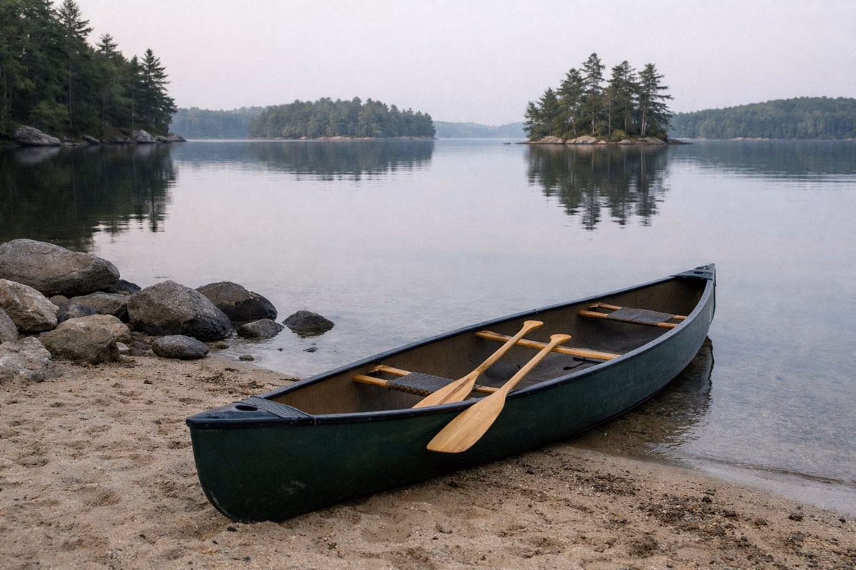 An empty green canoe with paddles on a small lake shore