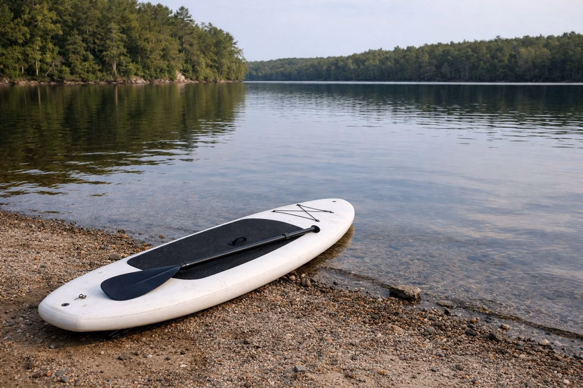 An empty paddleboard on a small gravel lake beach