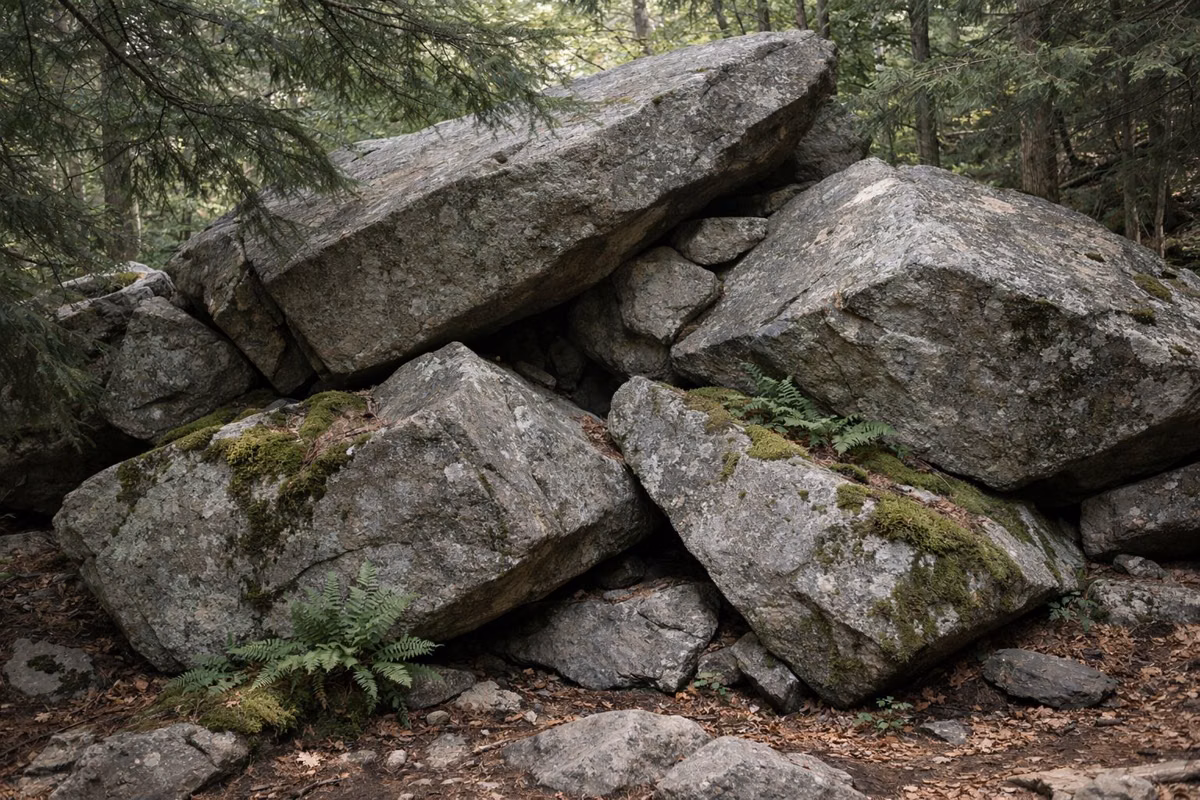 A cluster of very large mossy boulders under hemlock trees