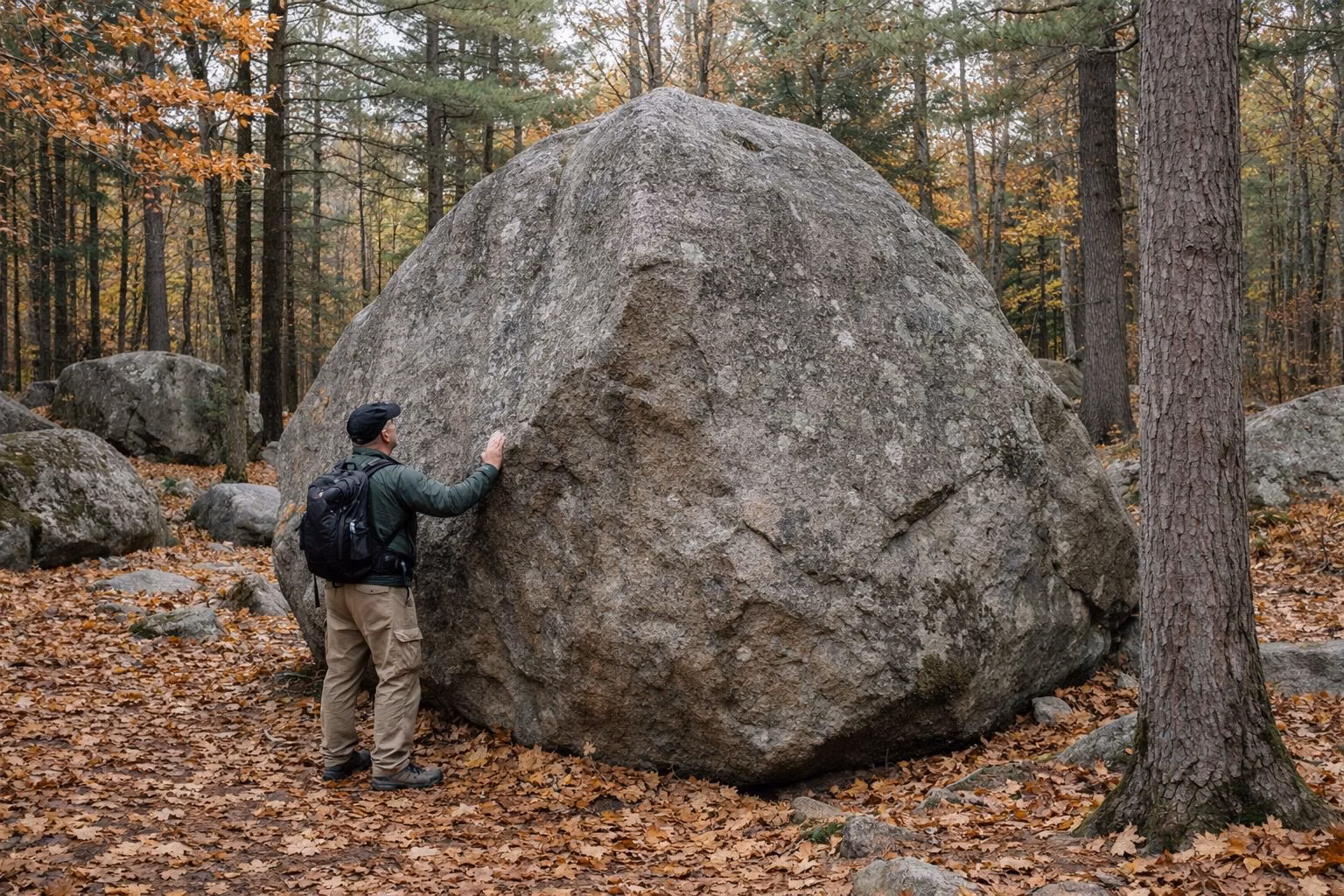 Huge glacial boulders in a hardwood forest, with a hiker beside one for scale