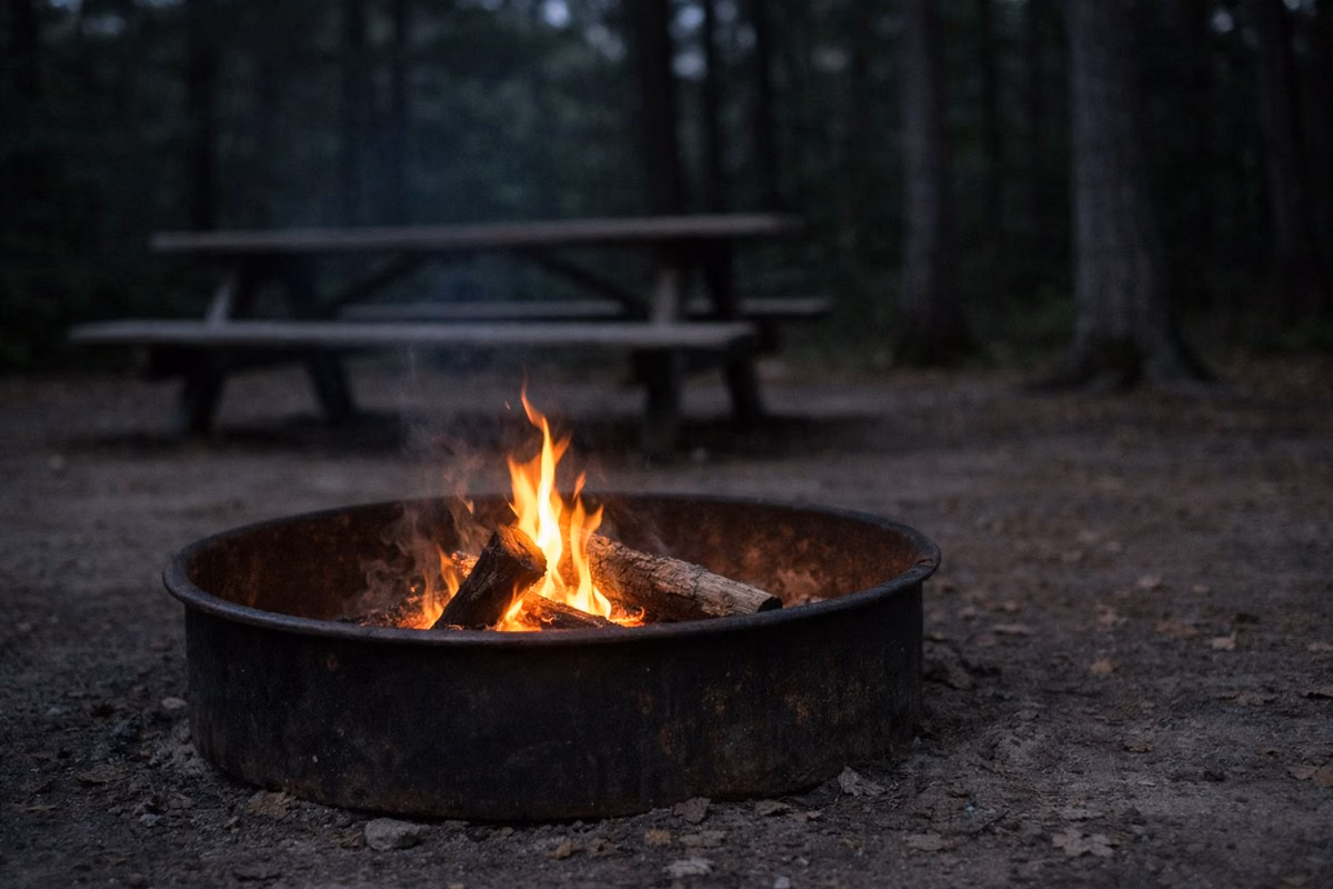 A small campfire in a steel fire ring at a wooded campsite at dusk