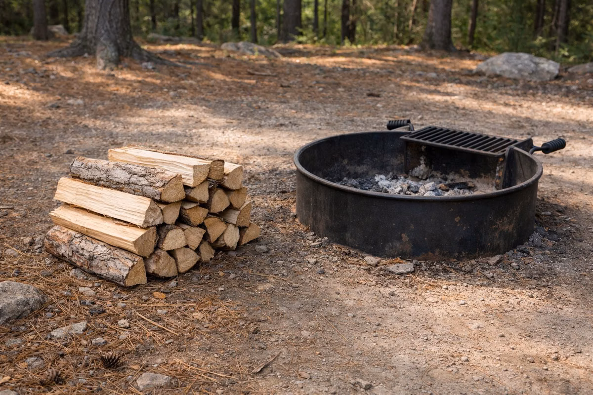 A small stack of split firewood beside a steel fire ring at a campsite