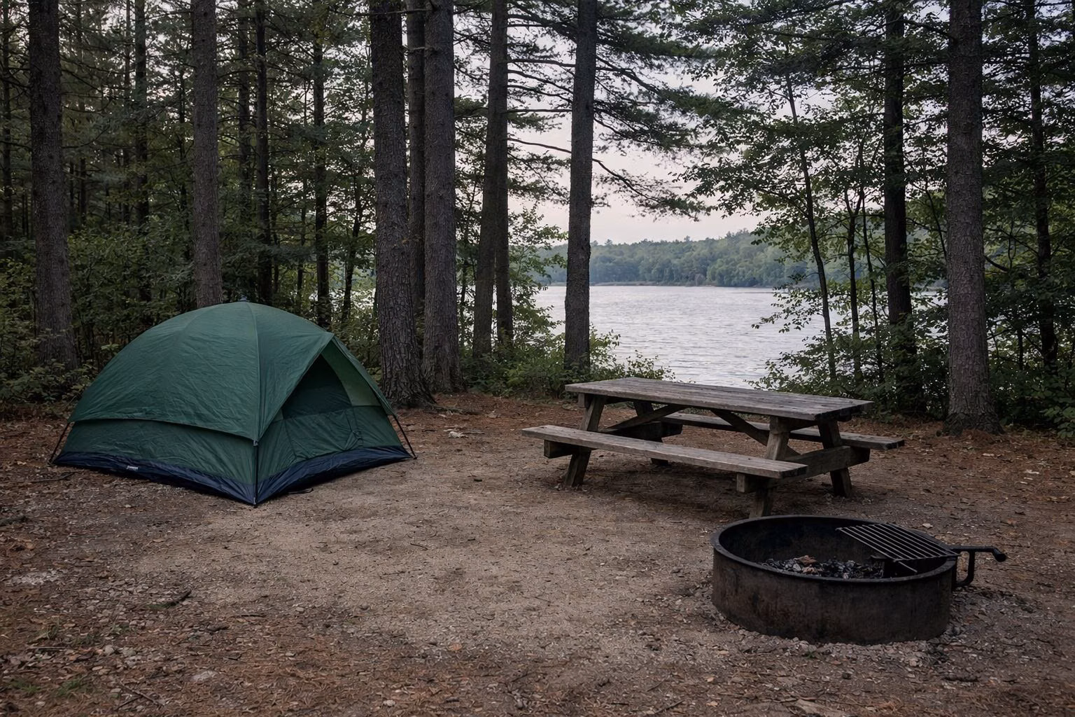 A wooded campsite with a green tent, a steel fire ring and a picnic table beside a lake
