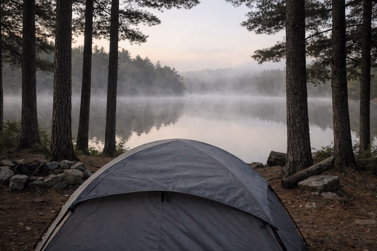 A tent at a wooded lakeside campsite at dawn with mist on the water