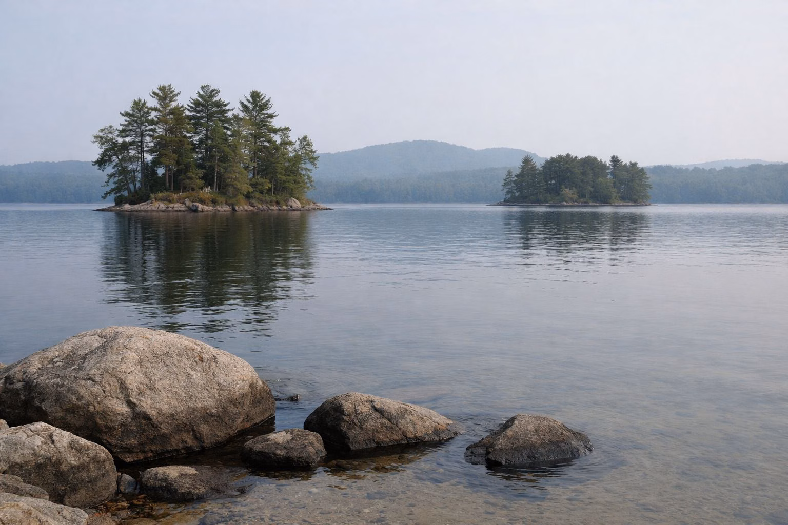 A calm lake with low wooded islands and forested hills behind on a summer morning