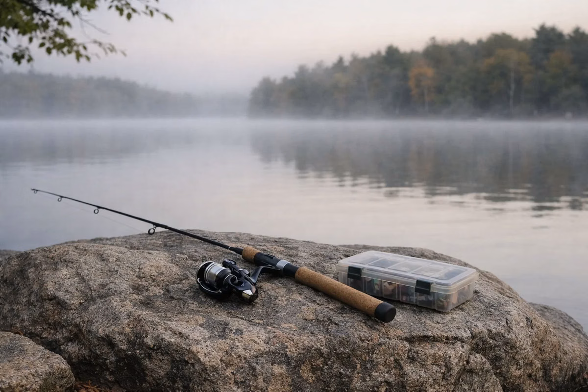 A fishing rod and tackle box on a granite rock at a misty lake edge