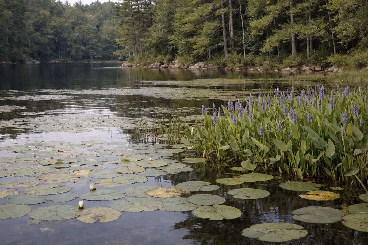 Lily pads and pickerelweed in a quiet lake cove