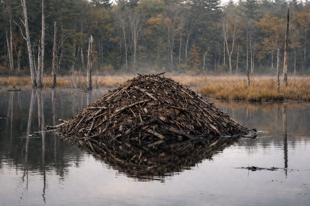 A beaver lodge of sticks and mud in a quiet marsh pond