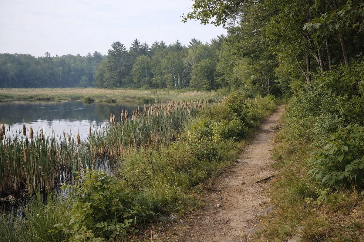 A woodland trail along the edge of a cattail marsh