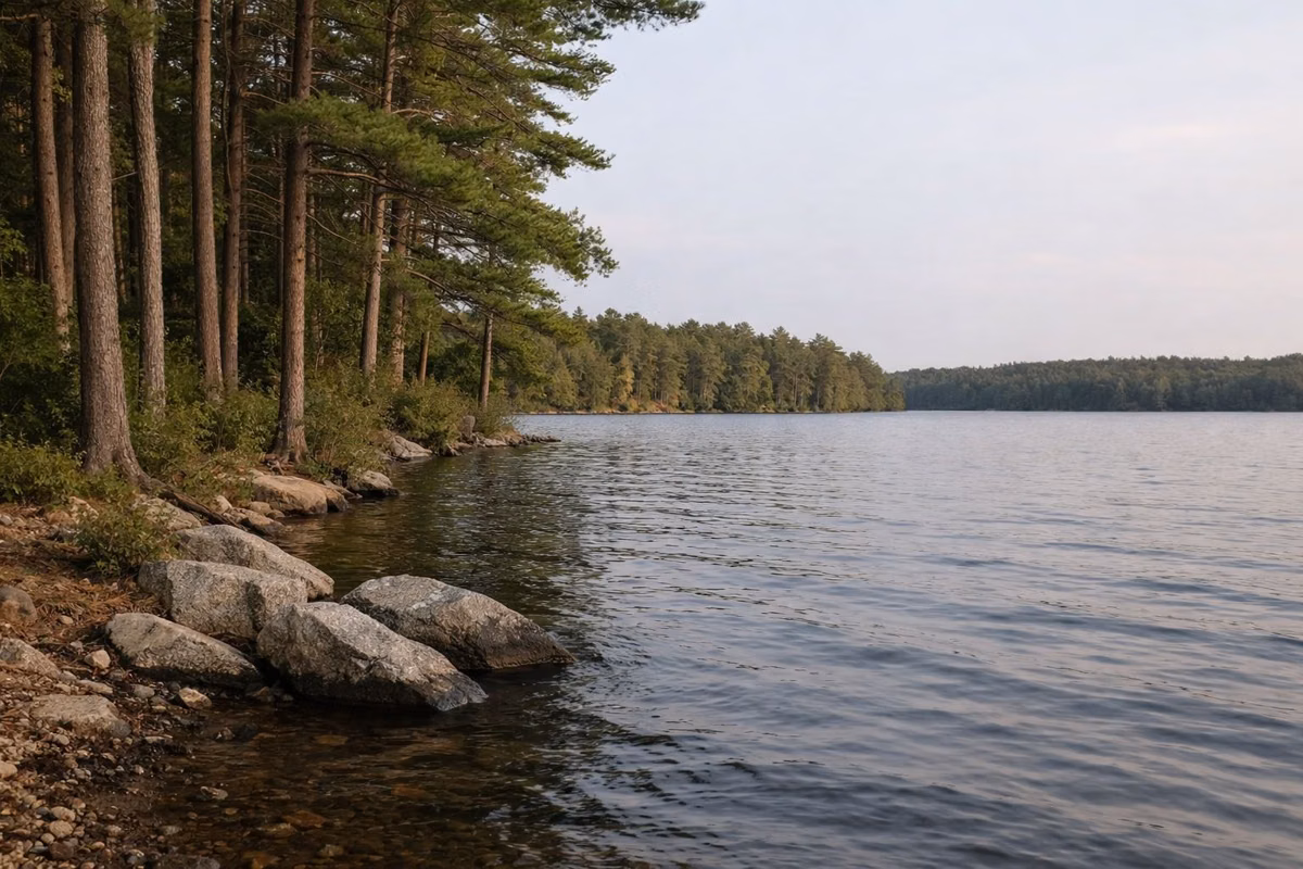 A quiet lake shoreline lined with tall white pines and granite rocks in late afternoon light