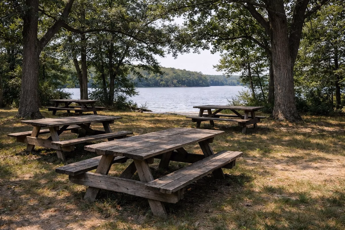 Empty picnic tables under large oaks with a lake beyond the trees