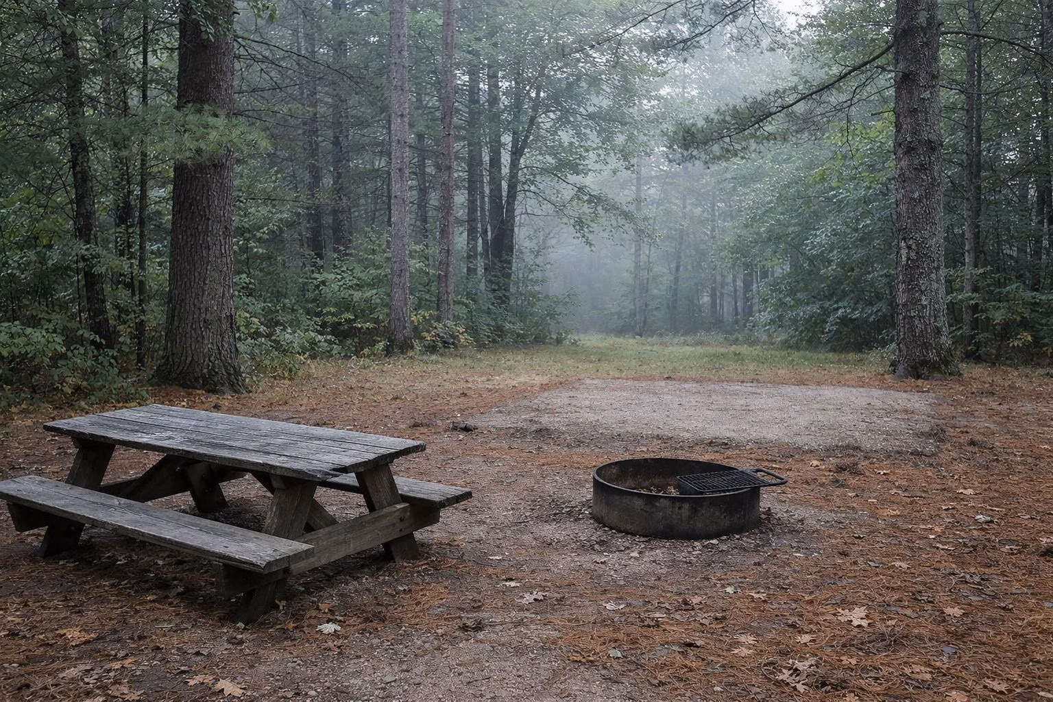 An empty wooded campsite with a picnic table and fire ring in early morning mist