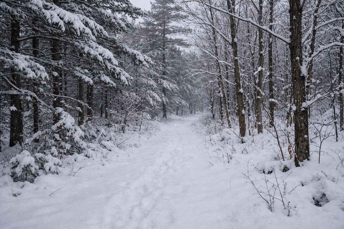 A snow-covered woodland trail between pines and bare oaks