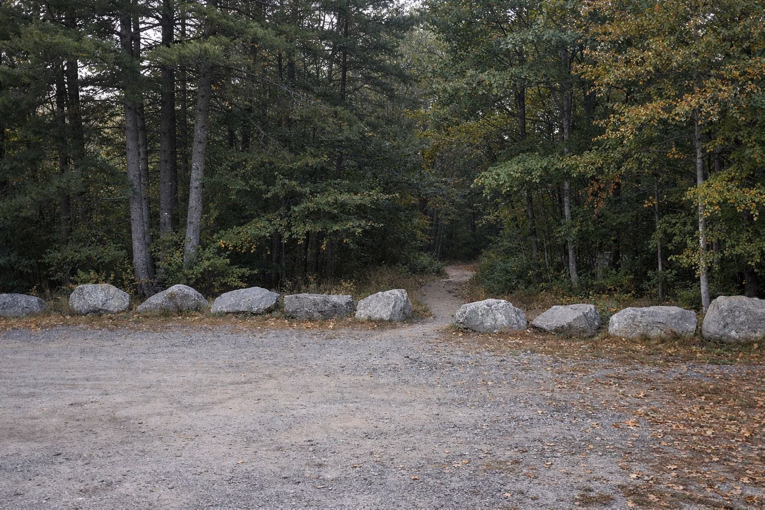 A small empty gravel parking area edged with boulders, with a footpath leading into the woods