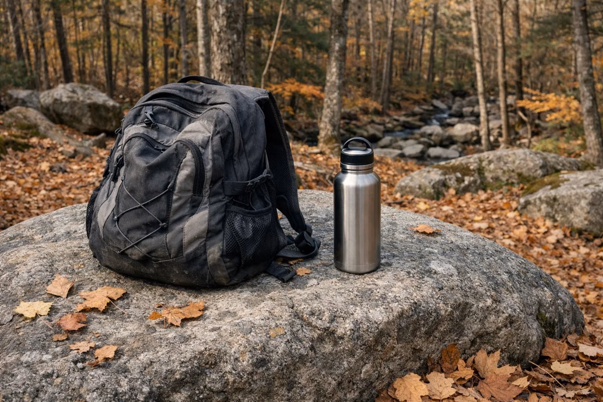 A daypack and water bottle resting on a granite boulder in the woods