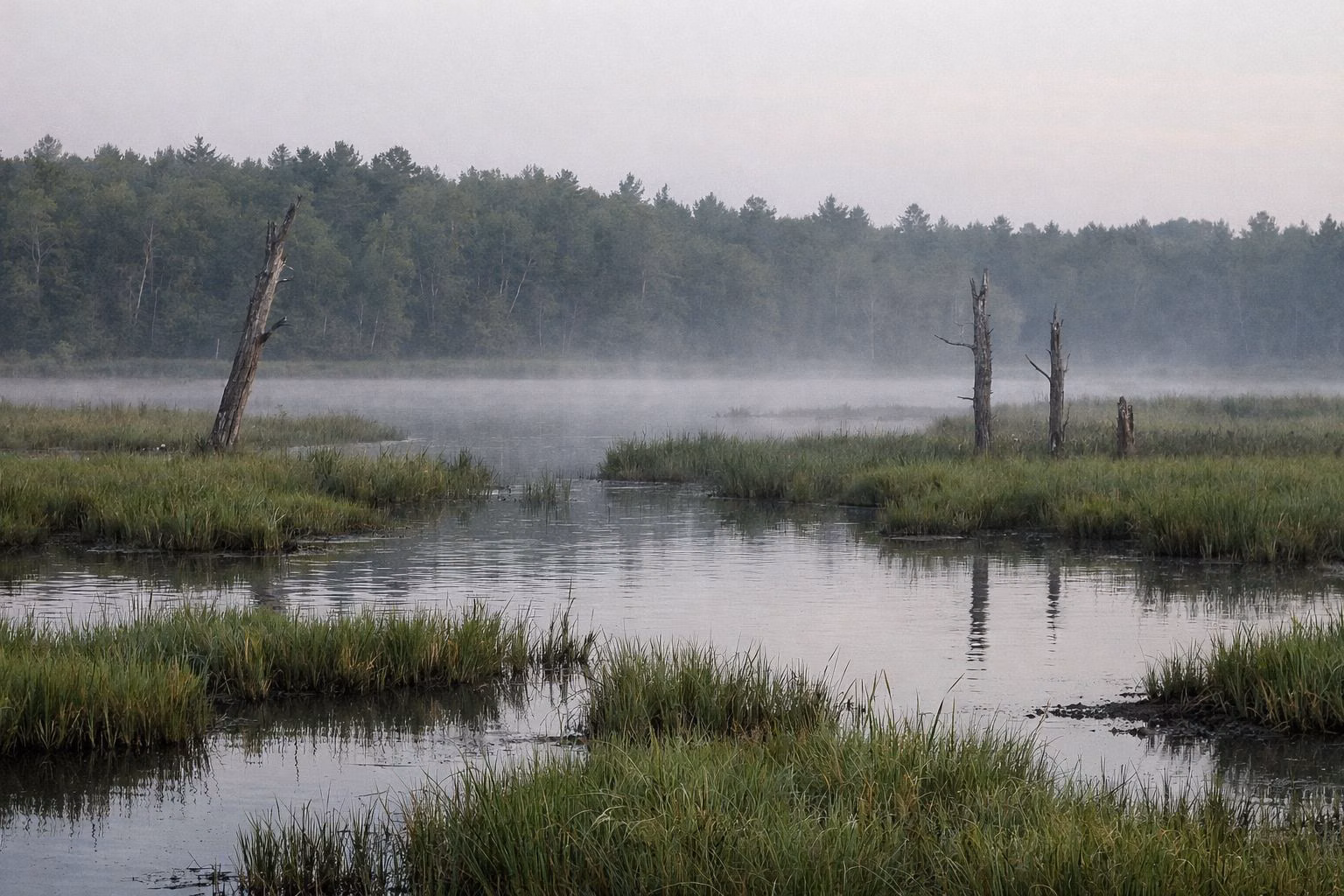 A misty marsh at dawn with grass islands, standing dead trees and forest along the far edge
