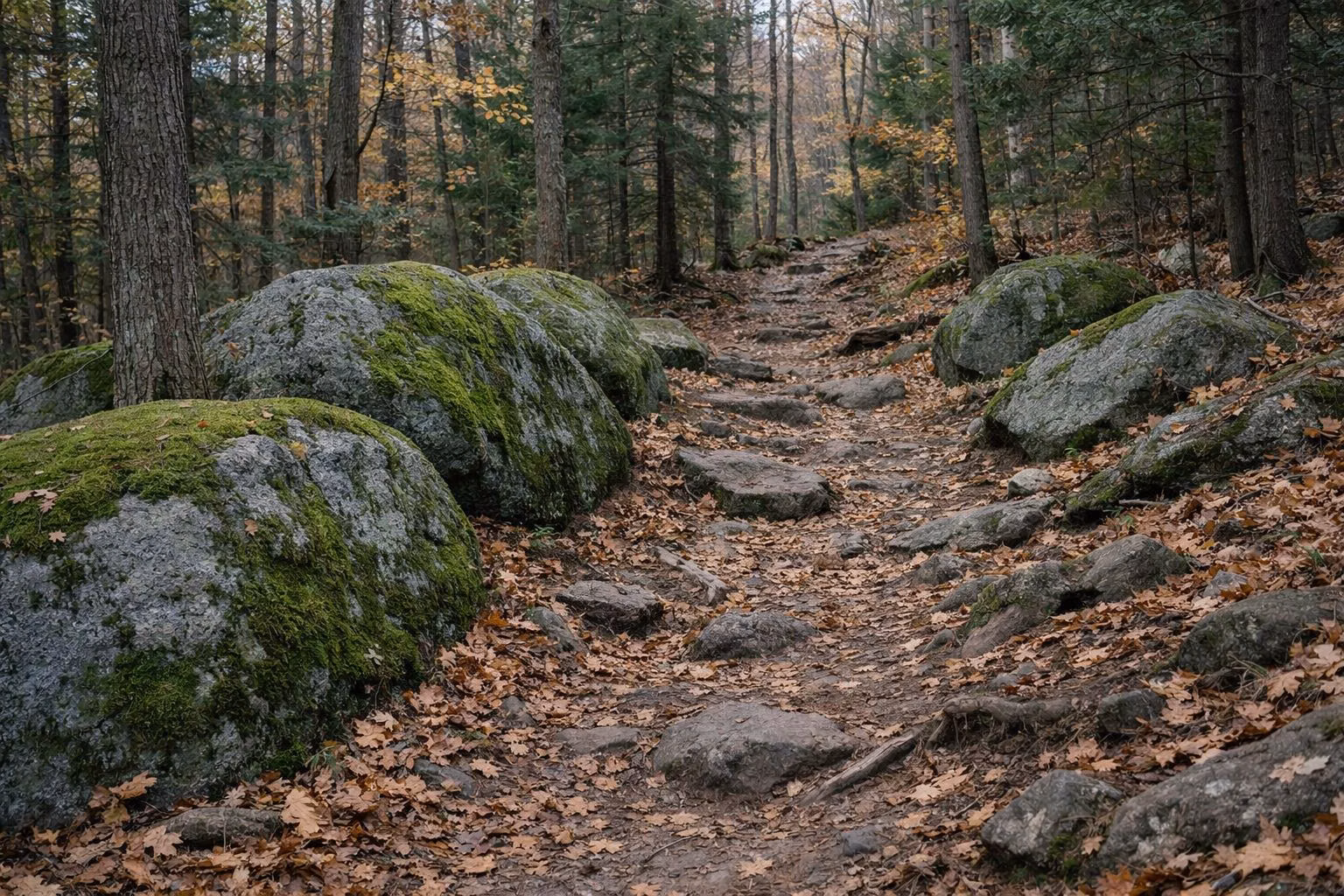 A rocky woodland trail passing large mossy boulders under oaks and pines in fall