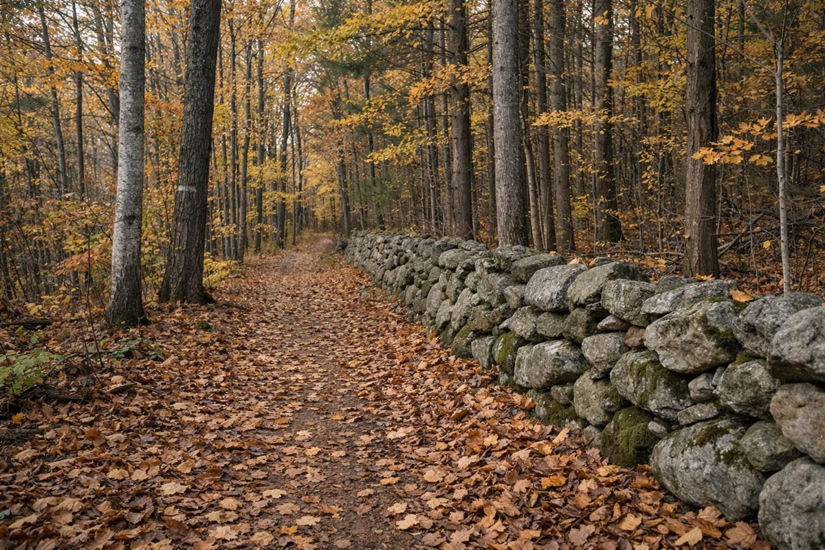 A leafy woodland path beside an old fieldstone wall