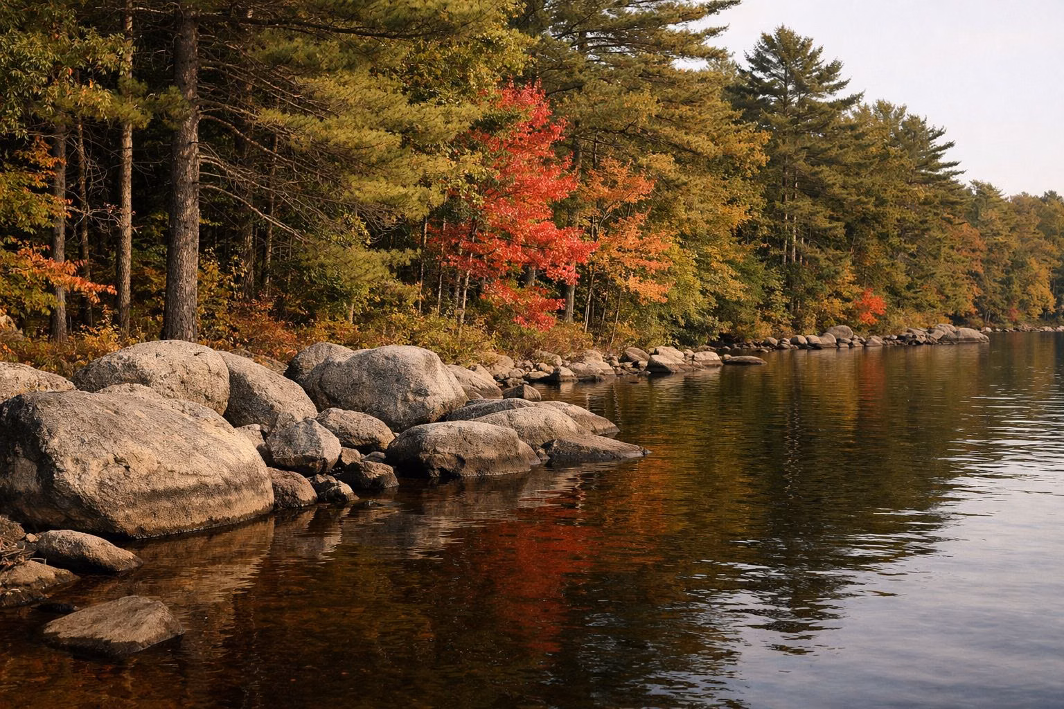 A quiet lake cove with a granite boulder shoreline and red maples turning among pines in early autumn