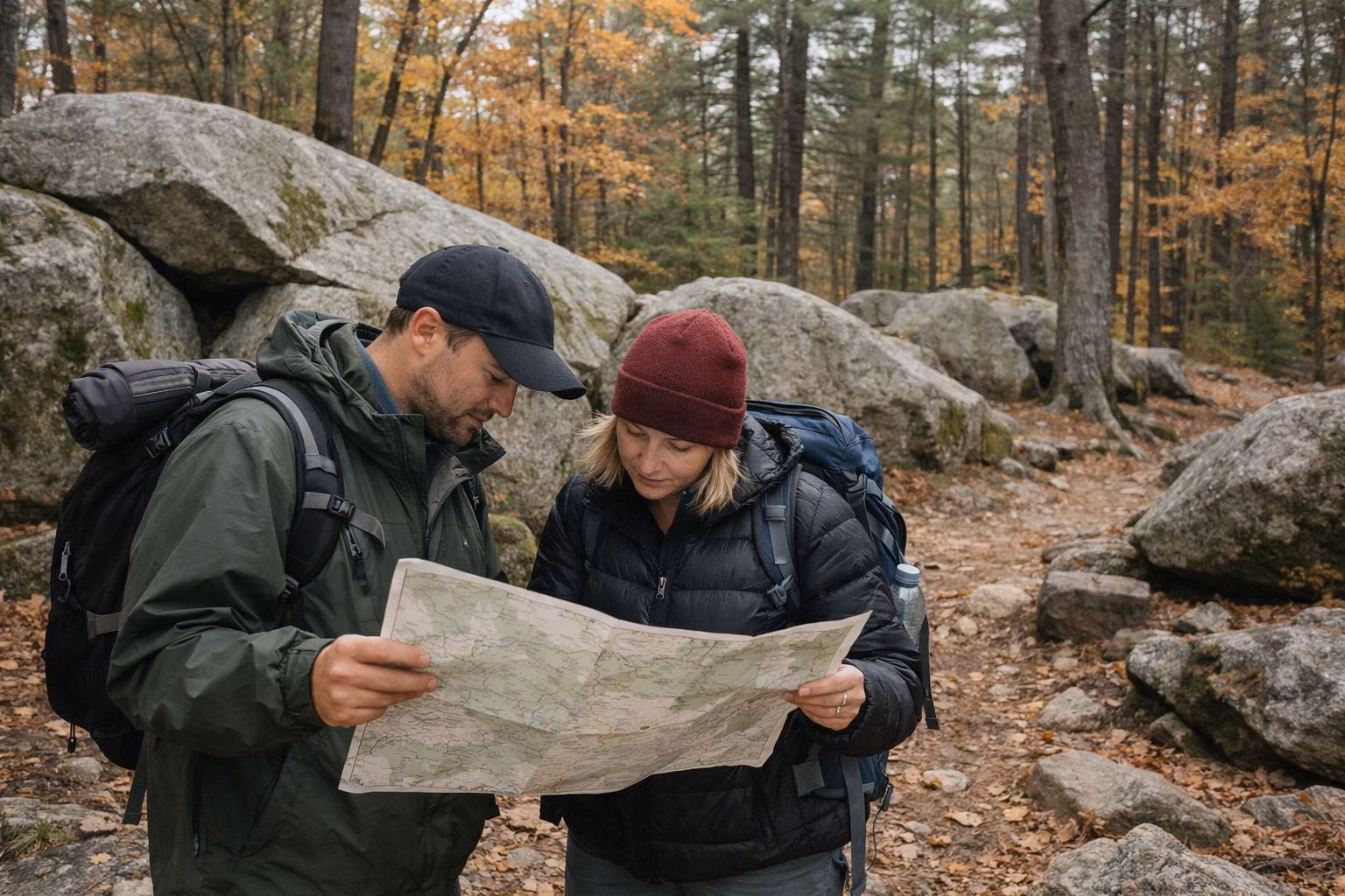 Two hikers studying a paper map at a trail junction among granite boulders